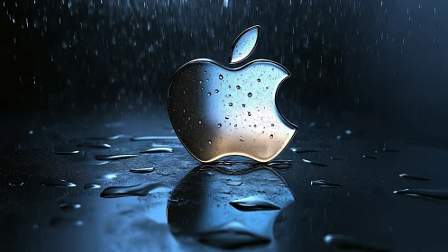 Rain-kissed chrome apple logo shimmering in stormlight.