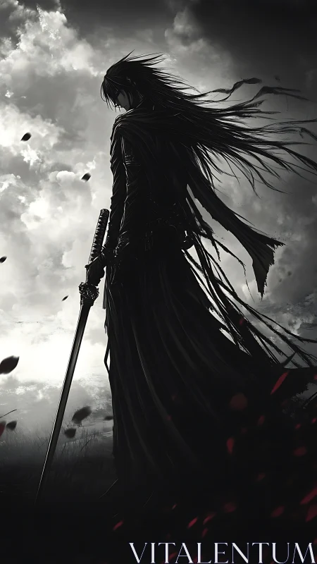 Dark swordsman silhouette under storm-swept monochrome sky.