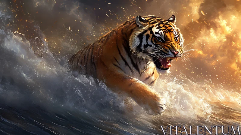 High-energy tiger charge through turbulent water and explosive light field