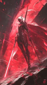 Radiant red armored warrior rises with twin blazing blades