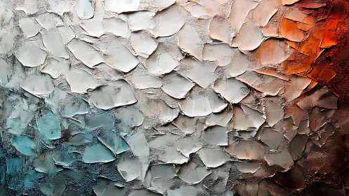 Abstract textured oil painting with cool blue and warm orange tones.