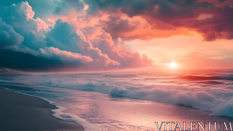 Digital seascape renders sunset light over waves and shoreline