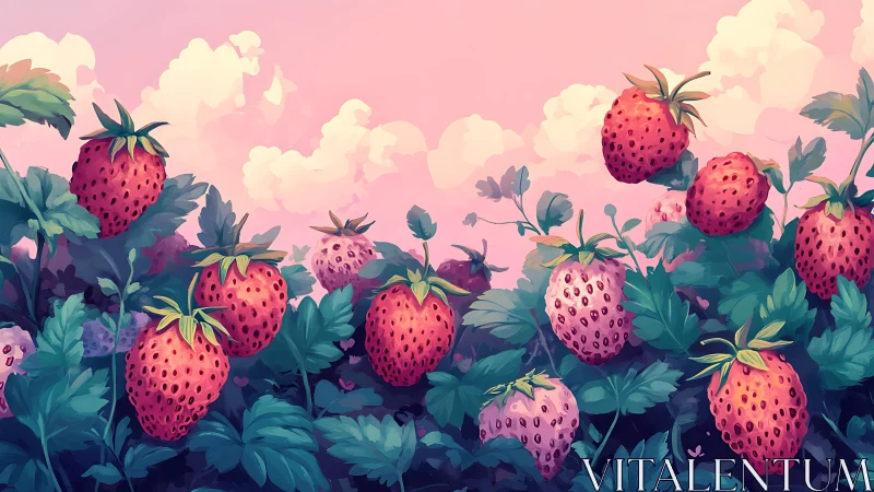 Chromatic strawberry canopy under atmospheric pink sky.