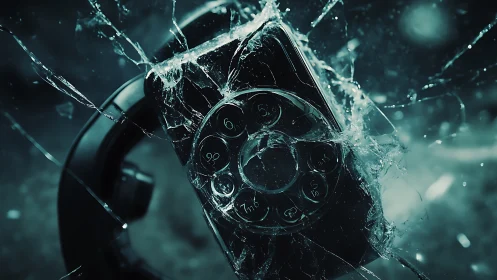 Rotary dial telephone collides with shattering glass surface