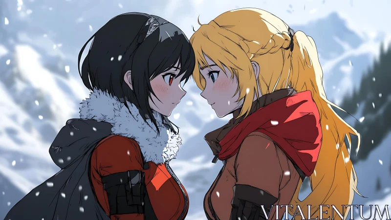 Snowy mountain moment where two close friends stand face to face