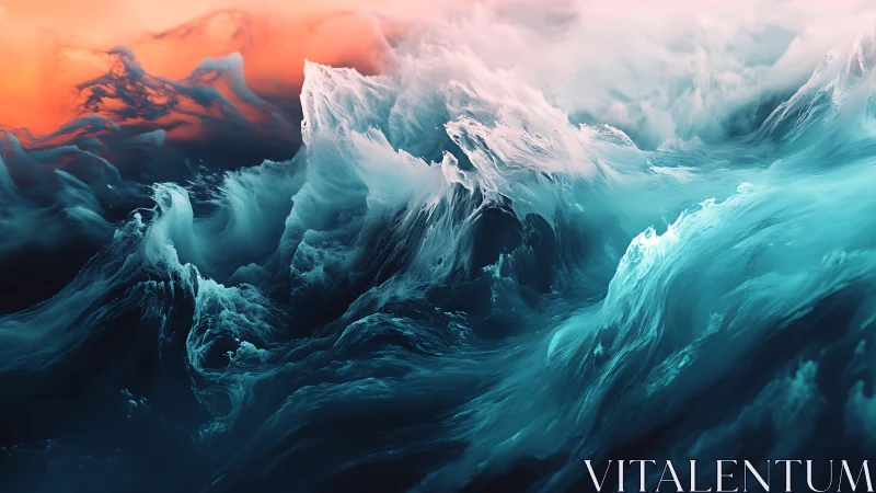 Roaring teal waves rise beneath a glowing coral sky