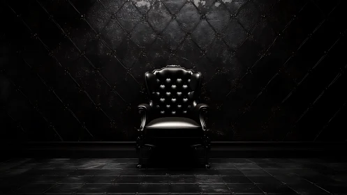 Photorealistic black leather throne in dramatic low key lighting.