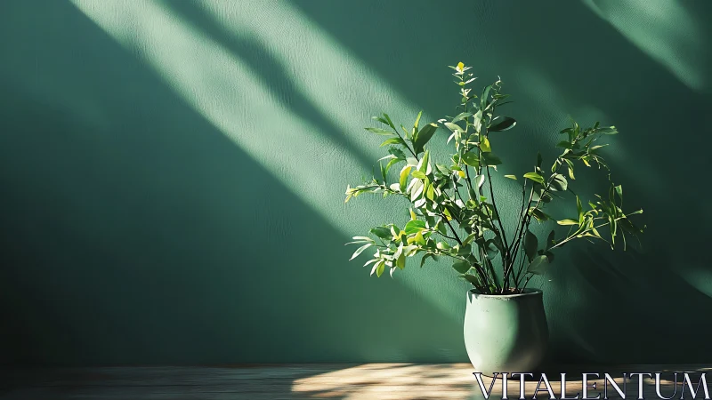 Sunlit green potted plant against textured teal wall backdrop.