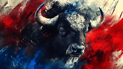 Bison portrait erupts through abstract red and blue chaos.