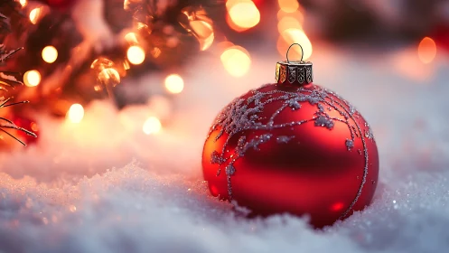 Red Christmas bauble rests in snow with warm festive lights.