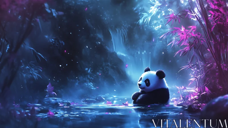 Gentle panda rests in an enchanted neon forest pool at dusk