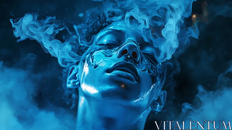 Blue lit human face emerges through swirling smoke plumes