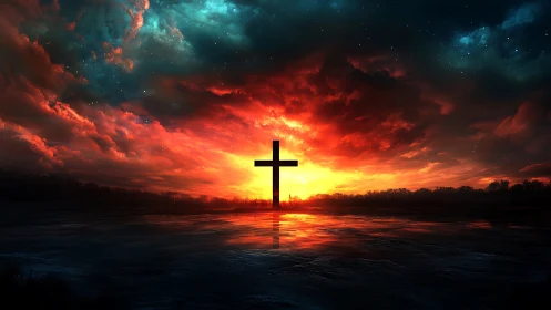 Backlit cruciform silhouette in high-dynamic sunset field.