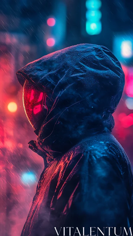Hooded figure with red visor in neon lit rainfall scene.