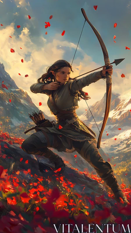 Female archer draws bow in red mountain valley landscape.