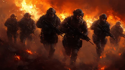 Flame-lit soldiers stride forward through a storm of embers
