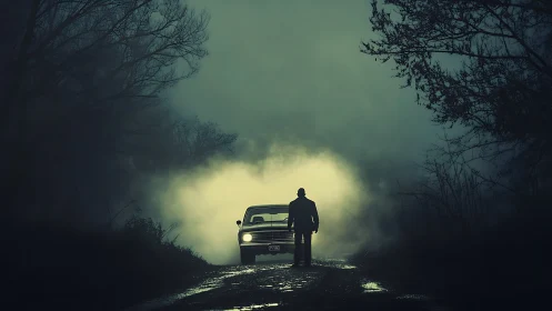 Man stands before car in fog on lonely forest road.