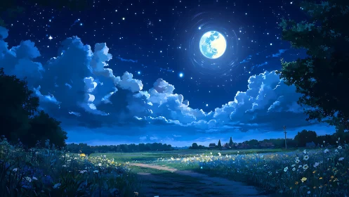 Moonlit countryside field under deep blue starry night sky.