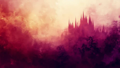 Chromatic fog enshrouding spired fortress silhouette at dusk.