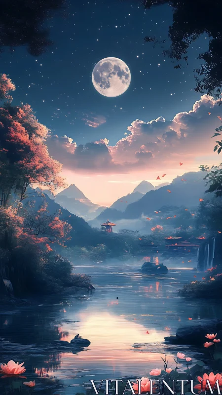 Moonlit mountain lake with pagodas and reflective water.