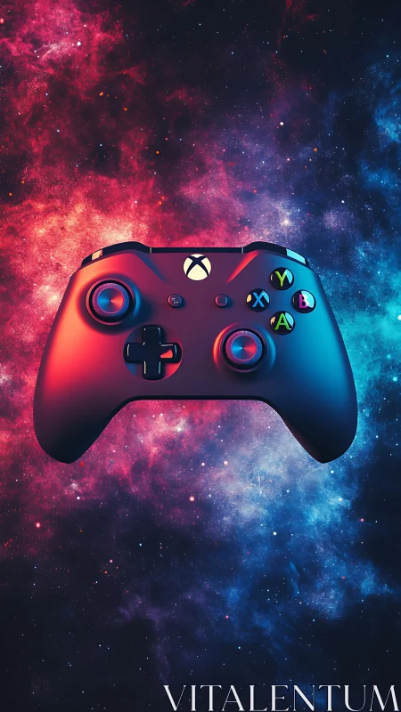 Xbox controller rendered against vibrant cosmic nebula background