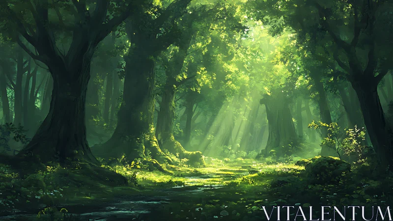 Luminous Forest Canopy: Digital Landscape with Atmospheric Light Rays.