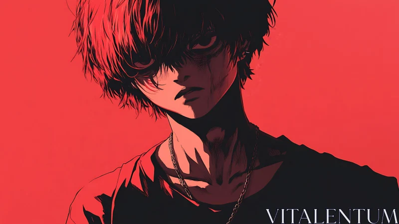Brooding red-lit youth in high-contrast anime portrait.