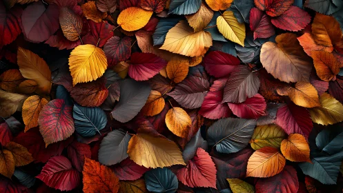 Autumn tree leaves fill the frame in dense overlapping layers