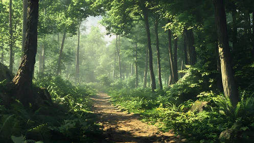 Forest Path with Tall Trees and Filtered Sunlight