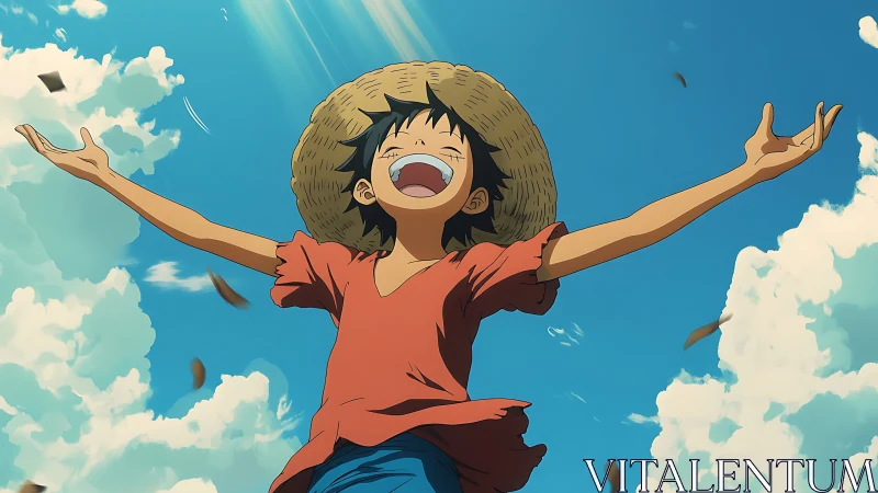 Straw hat boy stretches arms wide under bright blue sky