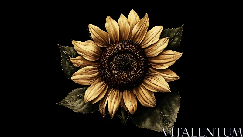 Golden Sunflower with Dark Foliage Against Black.