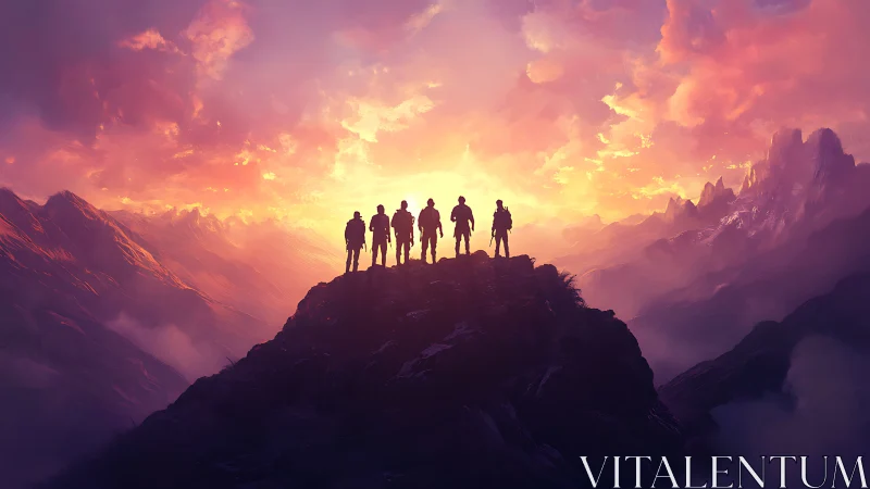 Silhouetted mountaineers on volcanic-gradient sunrise ridge.