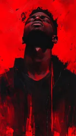 Portrait of a man in red, captured in intense emotion.