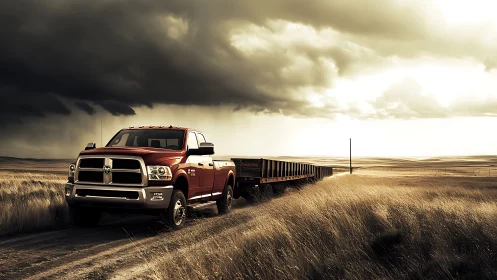 Bold red pickup waiting under stormy prairie skies.