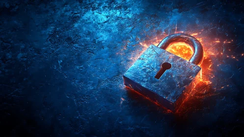 Glowing padlock sits in vivid blue light and fiery sparks
