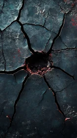 Radial fracture pattern in dark textured ground surface.