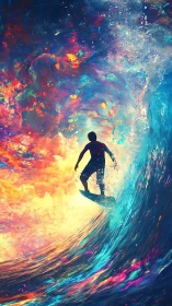 Surfer Silhouette Carves Luminous Cosmic Wave in Neon Colorfield.