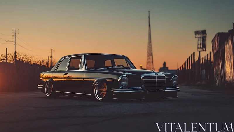 Sunset streetside classic Mercedes glowing with quiet pride.