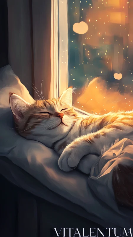Cat resting at window with sunset bokeh lighting.