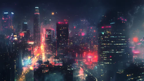 Futuristic neon city skyline at night with dense traffic.