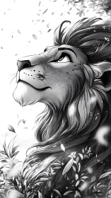 Gentle lion gazing upward in a breeze of drifting leaves.