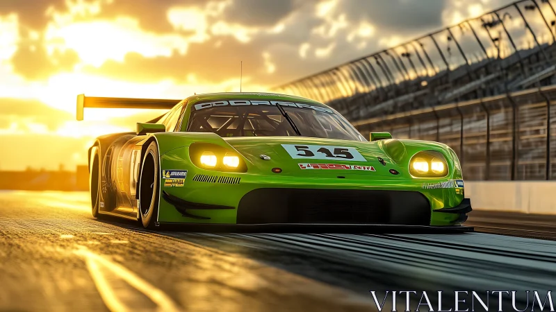 Green endurance race car powers along track at sunset.