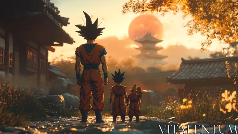 Three robed figures stand on a path facing distant pagoda