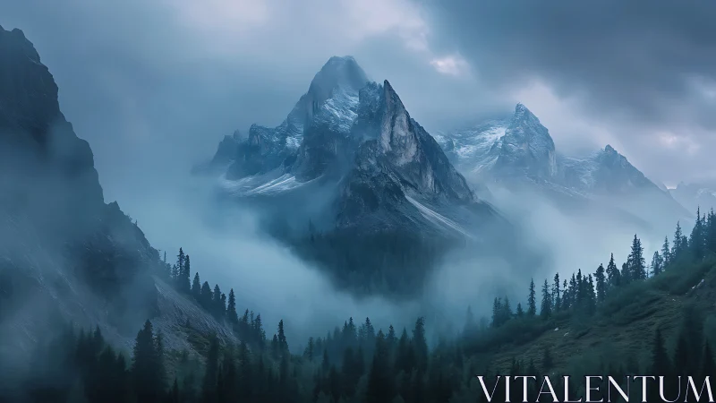 Misty mountain peaks rise gently above a calm forest valley