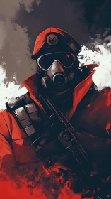 Masked red soldier stands in swirling smoke and shadowed fire