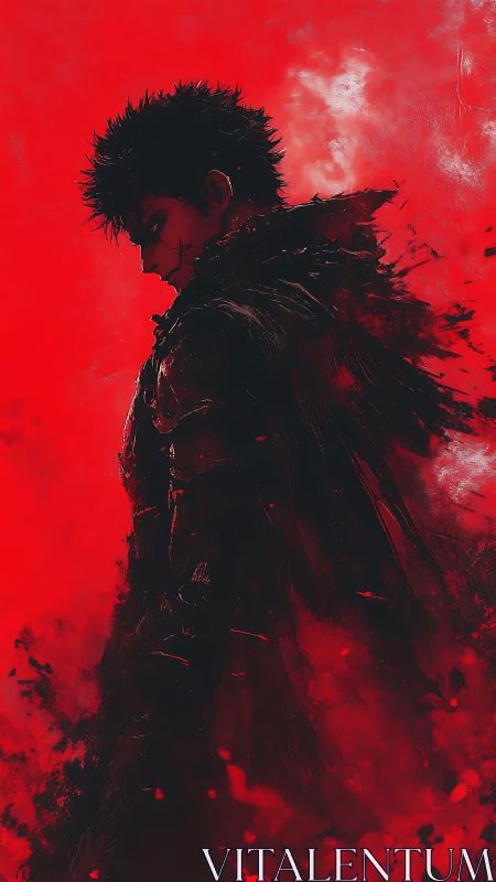 Solitary dark figure in profile against saturated red field.