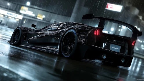 Midnight hypercar rendering under cinematic rain lighting.