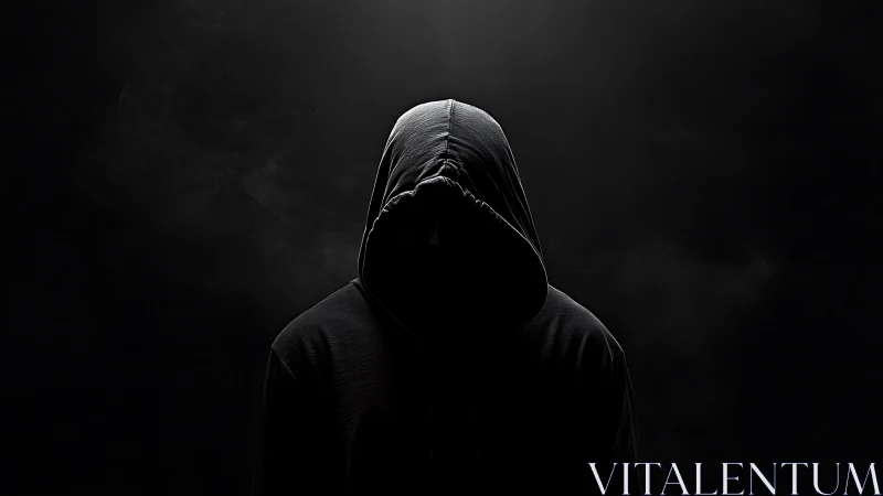 Photorealistic hooded silhouette in high-contrast chiaroscuro.