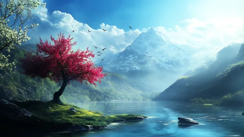 Serene mountain lake with red tree and distant peaks.