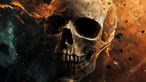 Burning skull emerging from swirling infernal nebulae.